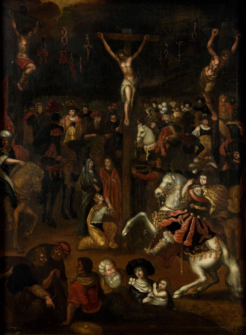 Null 17世纪的弗拉芒画派，路易-德-卡勒里（1580-1621）的追随者。在各各他
布面油画
73,5 x 56 cm
木制框架（事故）。