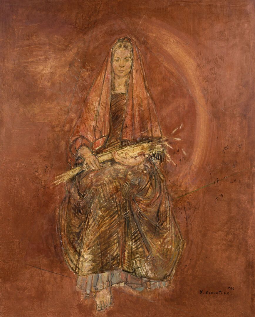 Null Jean COMMÈRE（1920-1986）。拿着麦穗的圣母或夏天的寓言
布面油画。右下方有签名和日期1974。
161,5 x 129 cm。
出&hellip;