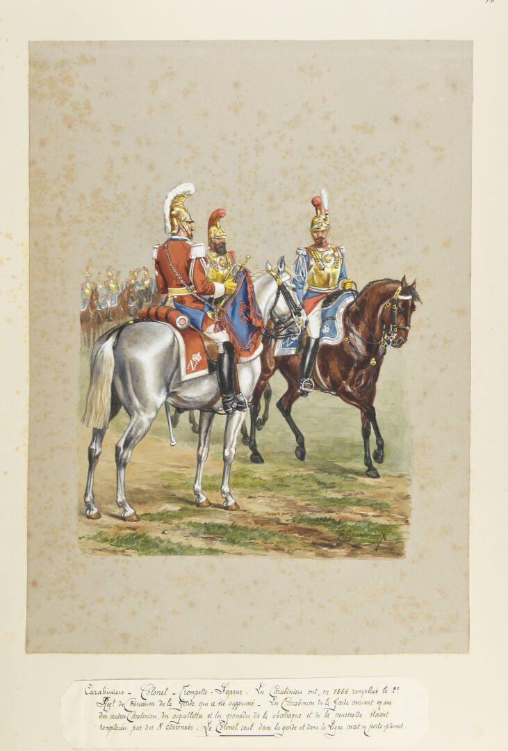 Null 伊曼纽尔-格拉蒙（1862年出生）。两本装订成册的《第二帝国帝国卫队的制服》（1854-1870），由66幅带注释的原始水彩画组成（专辑1：标题页、目&hellip;