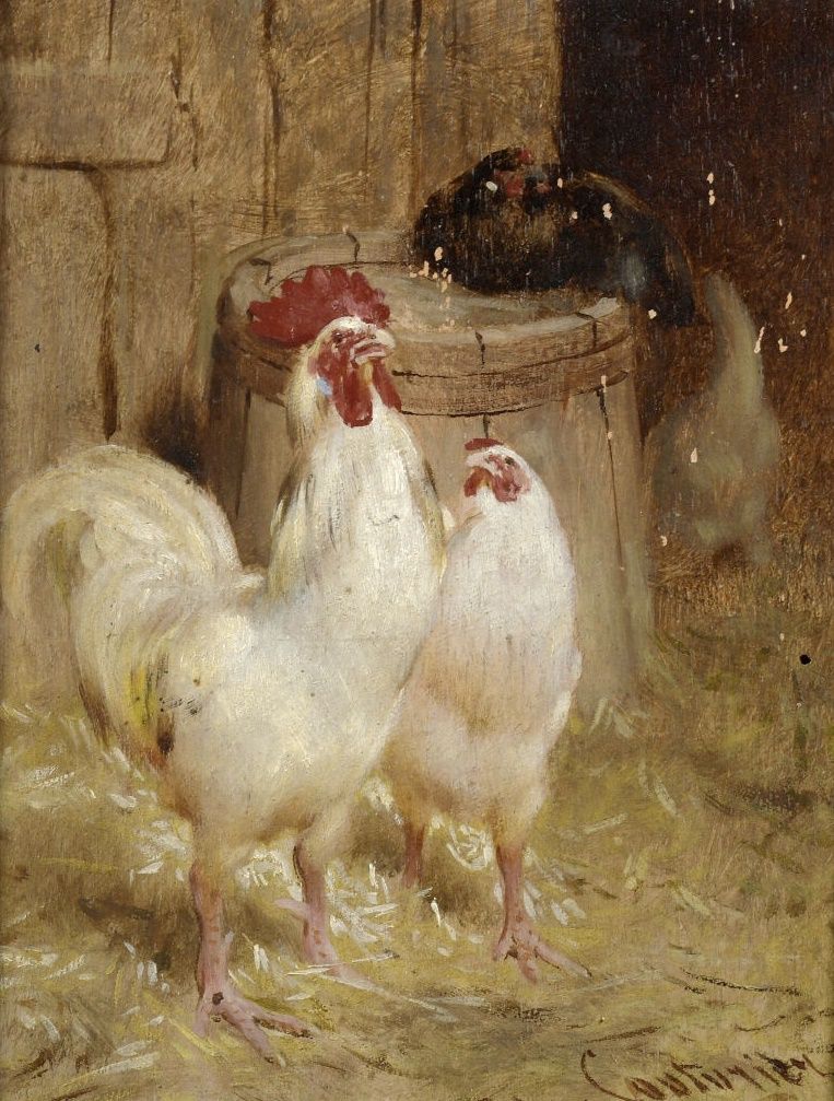 Null 菲利贝尔-莱昂-库图里耶（1823-1901）。 
公鸡和母鸡；鸭子和鸭子。
一对面板油画，每幅都有右下角签名
18x13.5厘米
木制框架
其中一个&hellip;