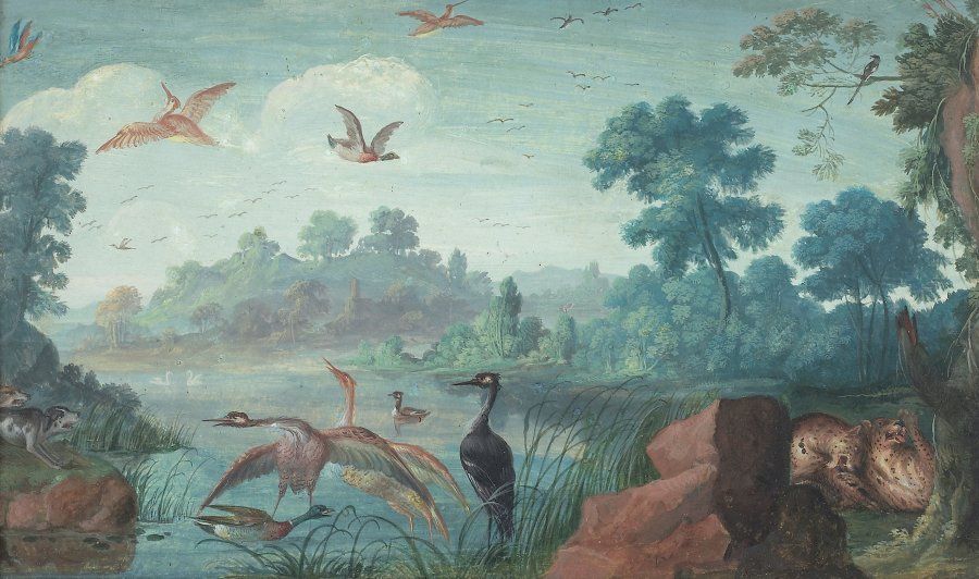 Ecole Flamande du XVIIIe siècle suiveur de Jan Van Kessel Paysage au lac, oiseau&hellip;