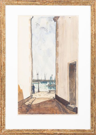null Robert ANTRAL (1895-1939) 
Ruelle sur le port
Aquarelle sur papier.
Signée en...
