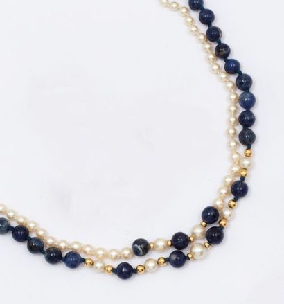 null Collier de perles de lapis-lazuli alternées de perles de culture et de boules...