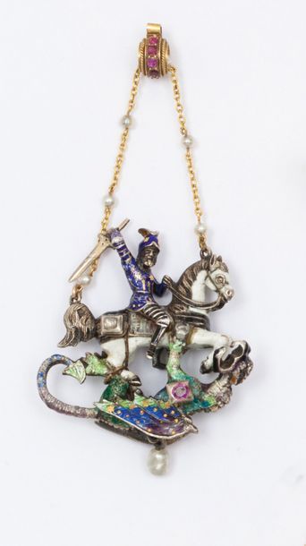 null Pendentif en argent émaillé polychrome représentant «?St Georges terrassant...