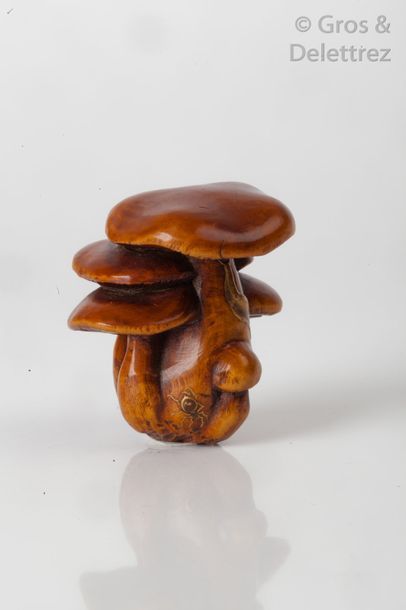 null Netsuke en bois représentant un groupe de cinq champignons sur lesquels sont...