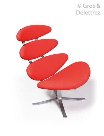 POUL VOLTHER (1923-2001) Fauteuil modèle « Corona », structure en acier brossé, garniture...