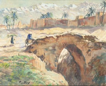 null Henri PONTOY (1888-1968) Le Pont devant les remparts de Marrakech Huile sur...