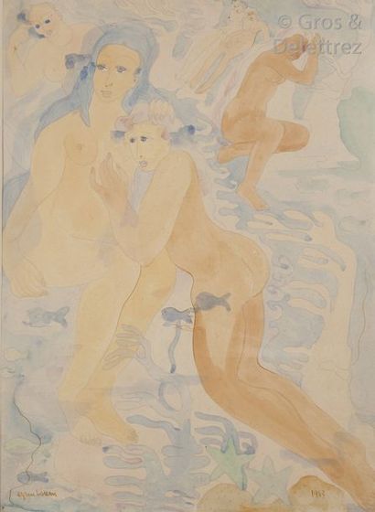 null Aly BEN SALEM (1910-2001) Femmes nues aux poissons et aux étoiles de mer, 1943...