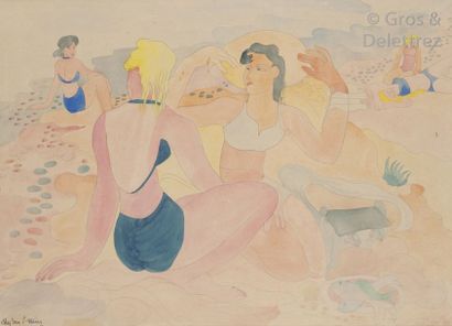 null Aly BEN SALEM (1910-2001) Baigneuses sur la plage Aquarelle sur traits de crayon...