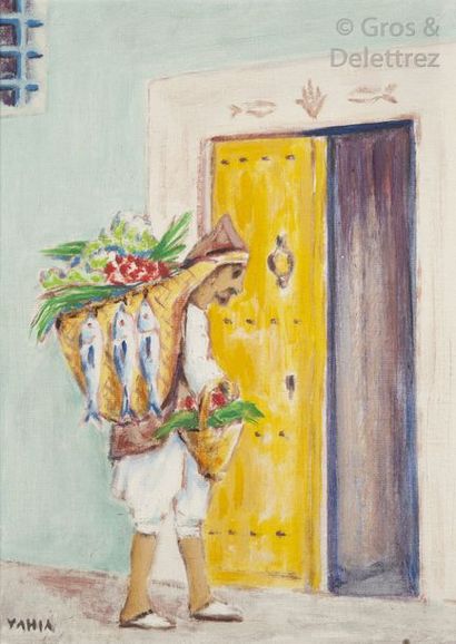 null Yahia TURKI (1903-1969) Le marchand devant la porte jaune Huile sur toile marouflée...