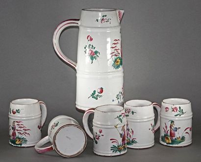 null Five mugs and a earthenware jug with polychrome decoration of Chinese and flowers....