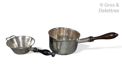 Sauce pan and strainer in plain silver, tapered...