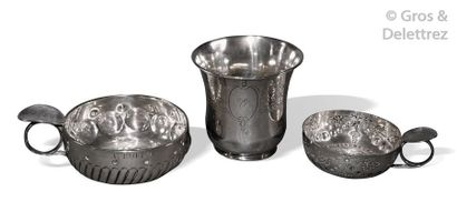 null Two silver wine tasters, one decorated with cups and gadroons, engraved " A....