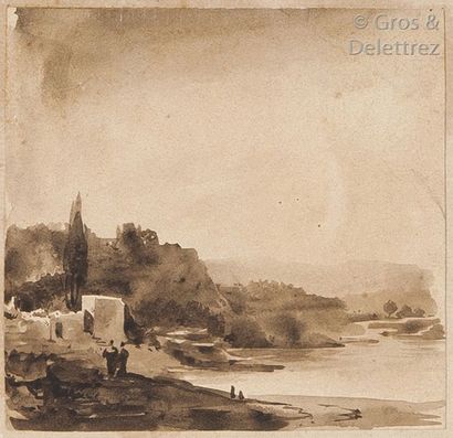null 19th century French school Lake landscape animated with two characters Ink wash...