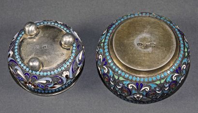 null Two silver, vermeil and polychrome red, blue and white enamels salerons decorated...