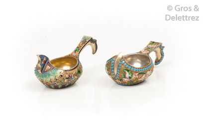 Two small silver and vermeil kovsh with rich...