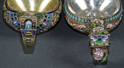 null Two small silver and vermeil kovsh with rich polychrome enamelled decoration...