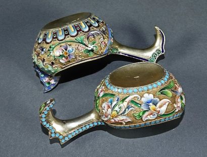 null Two small silver and vermeil kovsh with rich polychrome enamelled decoration...
