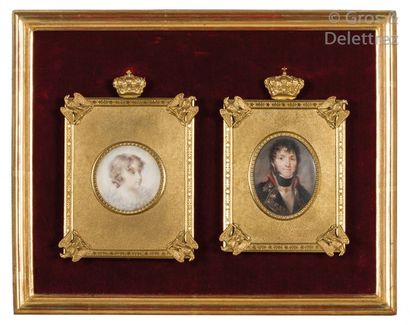 null Two miniatures featuring Laetitia and Joachim Murat. Gilded bronze frames decorated...