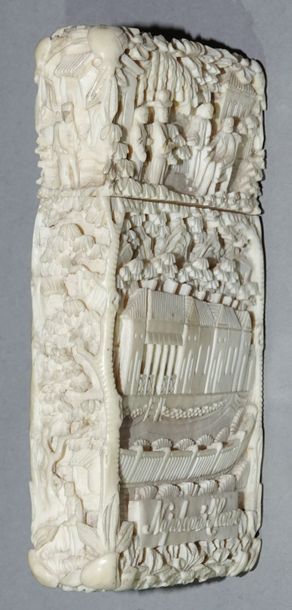 null Rectangular card case in richly carved ivory representing, on one side, Napoleon's...
