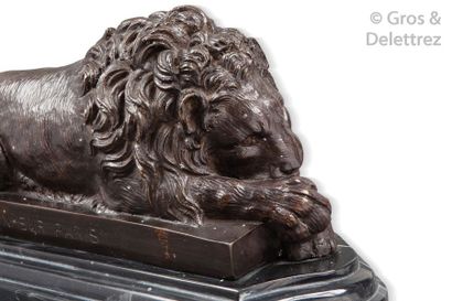 null Isidore Jules BONHEUR, according to Sleeping Lion. Dark patinated bronze statuette,...