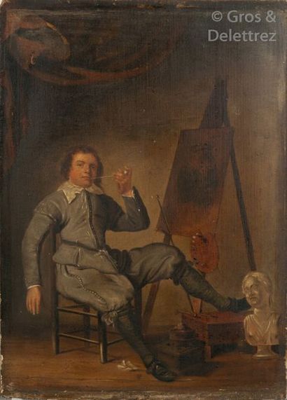 null Dutch school around 1800 Pieter Codde's follower Smoking painter in front of...