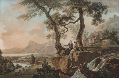 null Swiss school Pair of colour engravings representing animated mountain landscapes...