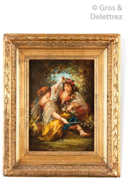 null Louis Devedeux (1820-1874) Les deux amies Huile sur toile Monogrammée en bas...