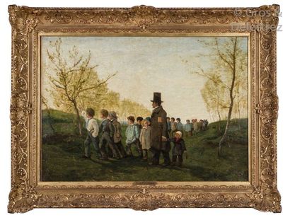 Henri-Joseph HARPIGNIES (1819-1916) "Schoolchildren on a walk" Oil on canvas signed...