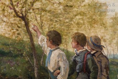 Henri-Joseph HARPIGNIES (1819-1916) "Schoolchildren on a walk" Oil on canvas signed...