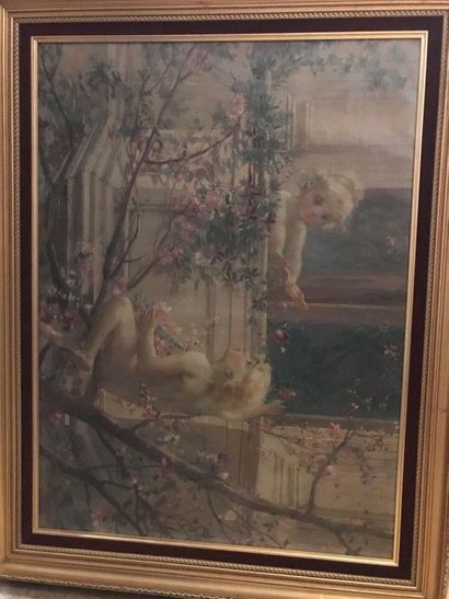 null Henry BOURREAU (1860- ?) Girl and boy at the balustrade in cherry blossoms Oil...