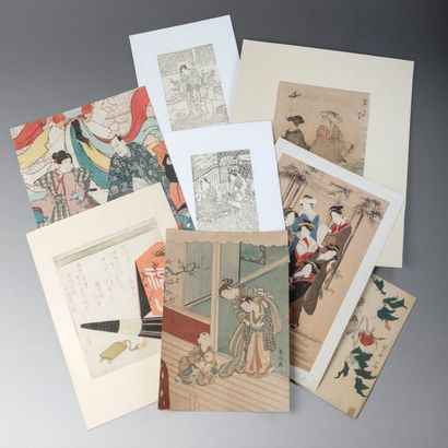 null Lot de onze œuvres, dont quatre surimono, par Hokkei, Shunsai, Kunisada ; six...