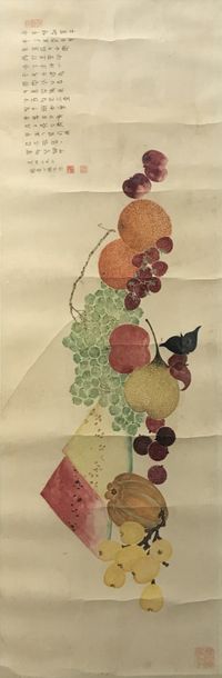  Chine, XXe siècle 
Peinture à l'encre et couleurs sur papier, représentant une nature...