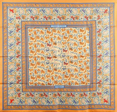 HERMÈS Paris made in France Square in printed silk twill titled " Chasse en Inde ",...