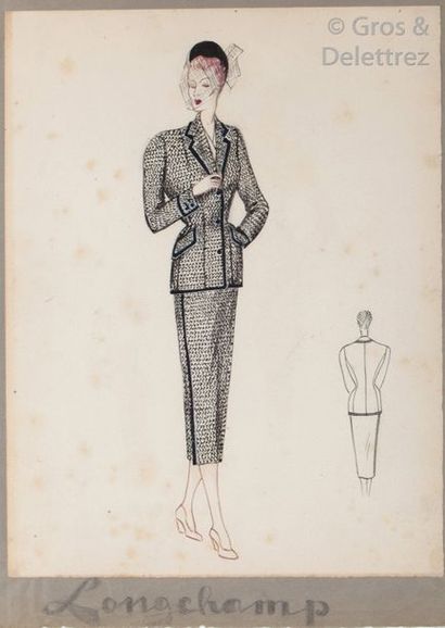 null Jeanne LANVIN (1867-1946) Projet de tailleur dit «?Longchamp?» Gouache sur papier...
