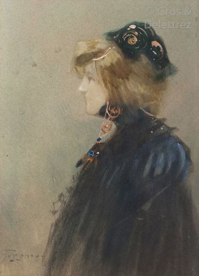null ANGE SUPPARO (1870-1948) Portrait présumé de Sarah Bernhardt, profil gauche...