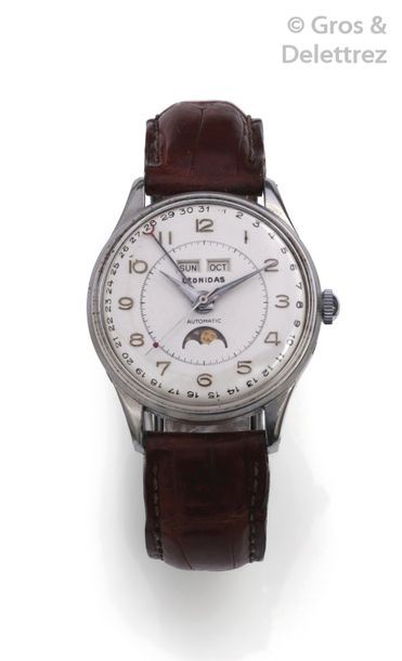 LEONIDAS " Triple date - phase of lune " - Steel bracelet watch. Round housing. Silver...