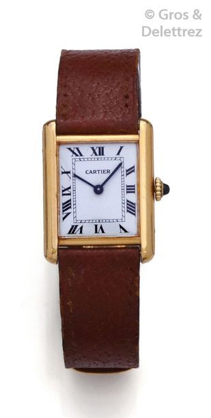 CARTIER " Tank " - Yellow gold wrist watch, rectangular case, white dial with Roman...