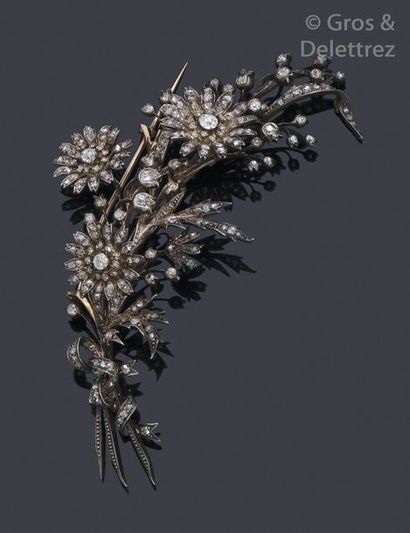 null Brooch " Trembleuse " in yellow gold and silver with a floral branch motif,...