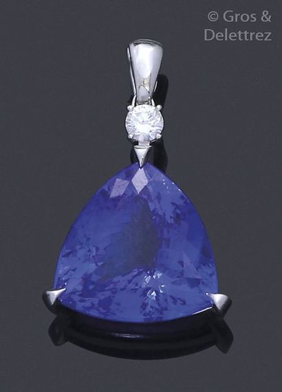 null White gold pendant, decorated with a large trillion-cut tanzanite (fantasy)...