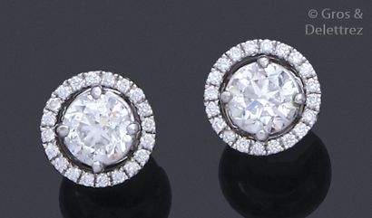 null Pair of white gold earrings, each adorned with a brilliant cut diamond in a...