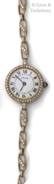 ALEXIS BARTHELAY Yellow gold wrist watch, round case, white dial with Roman numerals,...