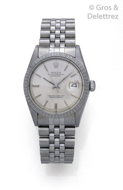 ROLEX " Date Just " - ref : 1603. Stainless steel watch strap, round case, grey dial,...