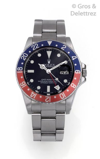 ROLEX GMT-Master «?Pepsi?» - ref 16750. Rare et belle montre bracelet en acier. Boîtier...