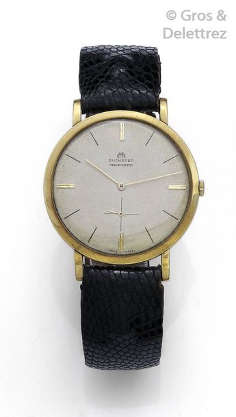BUCHERER Yellow gold wrist watch, round case, cream dial, applied hour markers, second...
