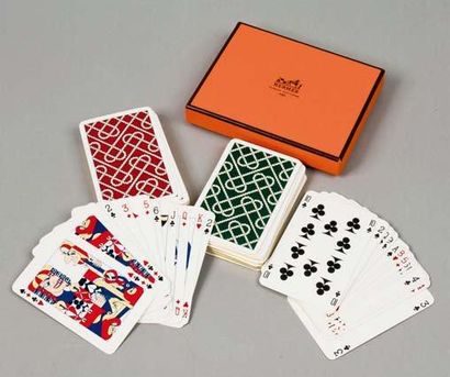 HERMES Paris Made in France Lot de deux jeux de 52 cartes à décor de cordages bordeaux...