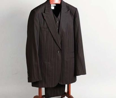 HERMES Paris Costume trois pièces Homme en laine tennis noir à rayures marron, col...