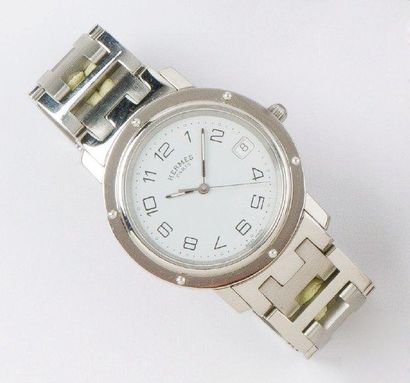 HERMES « Clipper » - Bracelet montre en acier, cadran blanc à chiffres arabes, date,...