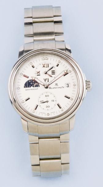 BLANCPAIN « Leman GMT » - Bracelet-montre en acier, cadran blanc à 3 compteurs, date,...