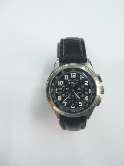 ZENITH "El Primero" Bracelet montre chronographe en acier, cadran noir à trois compteurs,...